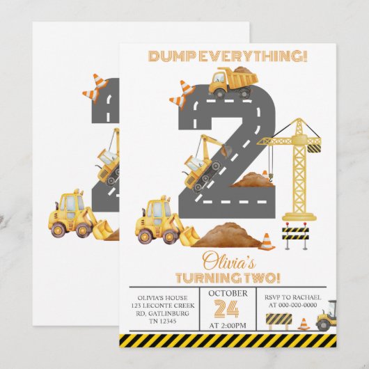 Construction Truck 2nd Birthday Invitation 招待状 (正面/裏面)