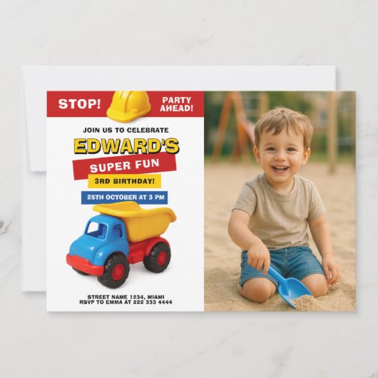 Construction Truck Birthday with photo 招待状 (正面)