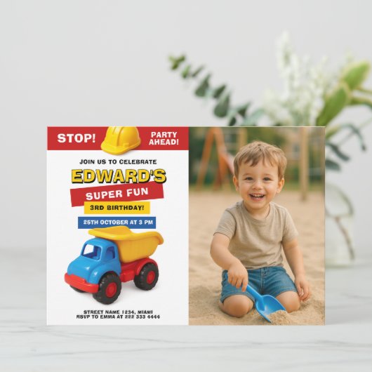 Construction Truck Birthday with photo 招待状 (スタンド正面)