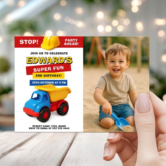 Construction Truck Birthday with photo 招待状