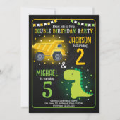 Construction Truck Dinosaur Sibling Joint Birthday 招待状 (正面)