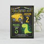 Construction Truck Dinosaur Sibling Joint Birthday 招待状 (スタンド正面)