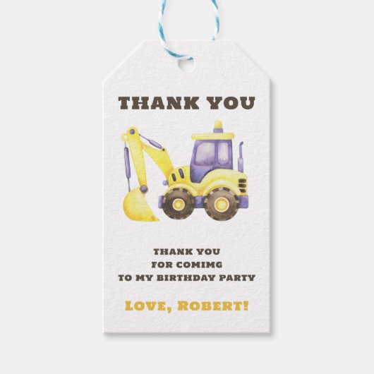 Construction Truck Excavator Birthday Party ギフトタグ (正面)