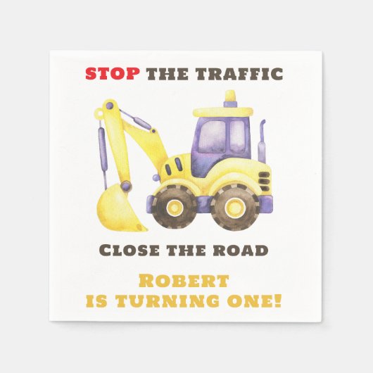 Construction Truck Excavator Birthday Party スタンダードカクテルナプキン (正面)