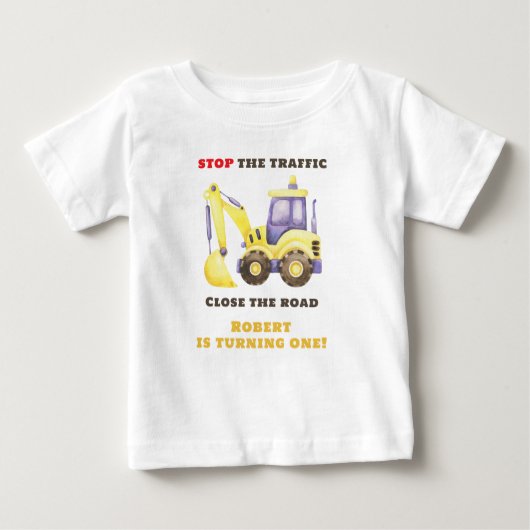 Construction Truck Excavator Birthday Party ベビーTシャツ (正面)