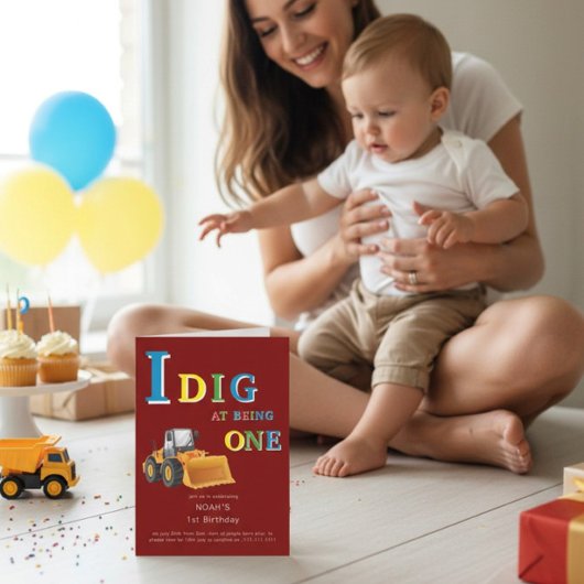 Construction Truck 'I Dig Being One' Birthday  招待状