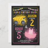 Construction Truck & Tutu Siblings Joint Birthday 招待状 (正面)