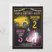 Construction Truck Unicorn Siblings Joint Birthday 招待状 (正面)