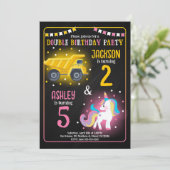Construction Truck Unicorn Siblings Joint Birthday 招待状 (スタンド正面)