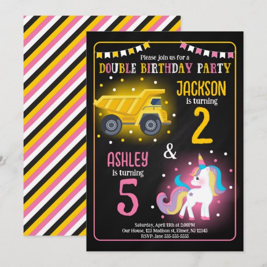 Construction Truck Unicorn Siblings Joint Birthday 招待状 (正面/裏面)