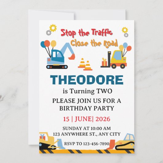 Construction Truck Vehicles Boys 2nd Birthday 招待状 (正面)