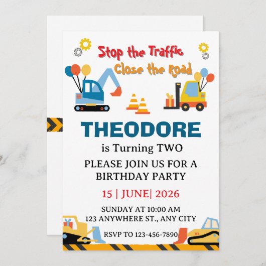 Construction Truck Vehicles Boys 2nd Birthday 招待状 (正面/裏面)