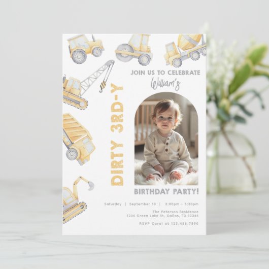 Construction Trucks 3rd Birthday Party 招待状 (スタンド正面)