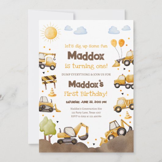 Construction Trucks Boy 1st First Birthday 招待状 (正面)