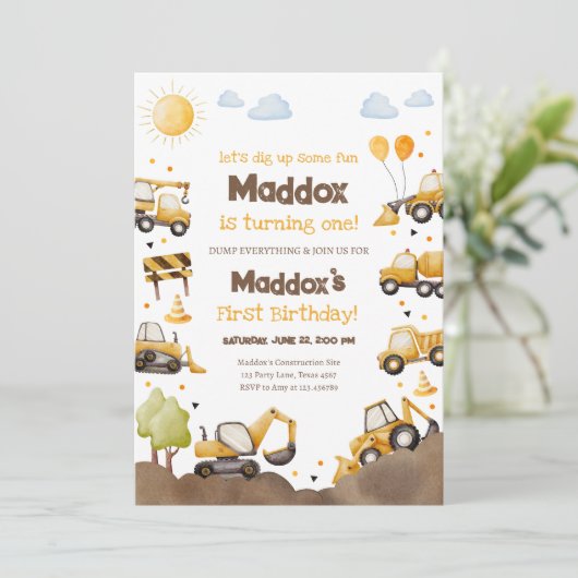 Construction Trucks Boy 1st First Birthday 招待状 (スタンド正面)
