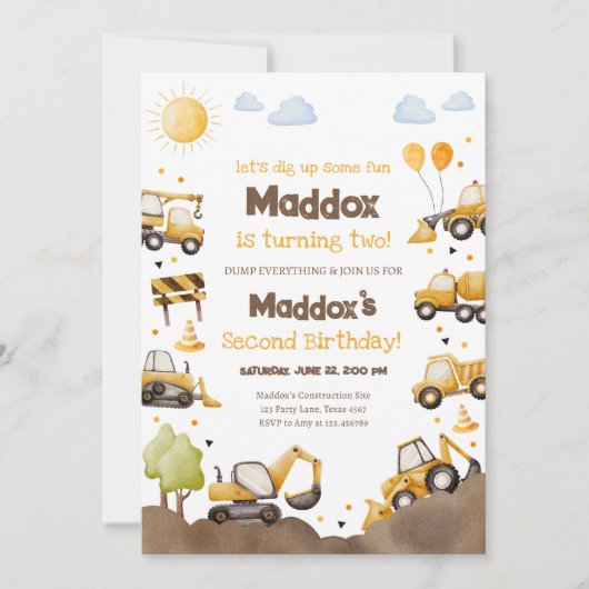 Construction Trucks Boy 2nd Second Birthday 招待状 (正面)