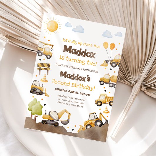 Construction Trucks Boy 2nd Second Birthday 招待状