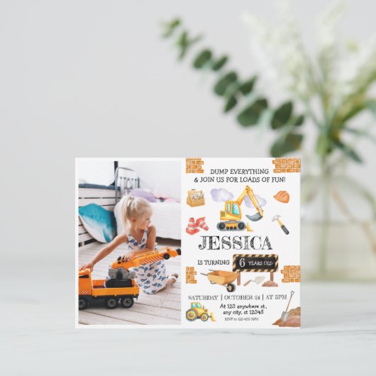 Construction Trucks Theme Birthday ポストカード (スタンド正面)