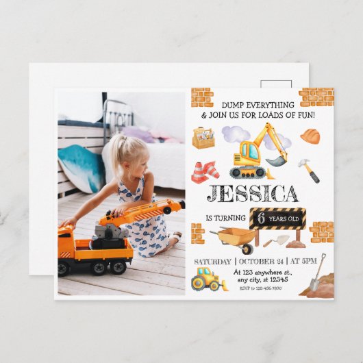 Construction Trucks Theme Birthday ポストカード (正面/裏面)