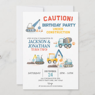 Construction Trucks, Twin Boys Birthday Party 招待状