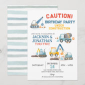 Construction Trucks, Twin Boys Birthday Party 招待状 (正面/裏面)