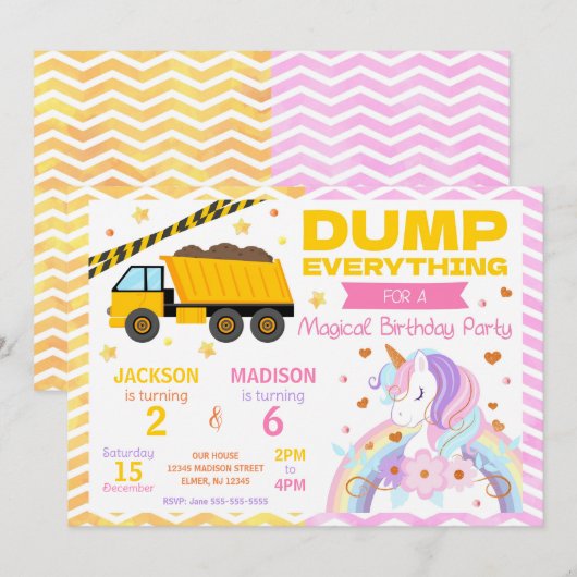Construction & Unicorn Joint Birthday Invitation 招待状 (正面/裏面)