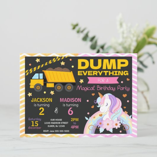 Construction & Unicorn Joint Birthday Invitation 招待状 (スタンド正面)