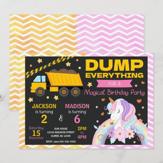 Construction & Unicorn Joint Birthday Invitation 招待状 (正面/裏面)