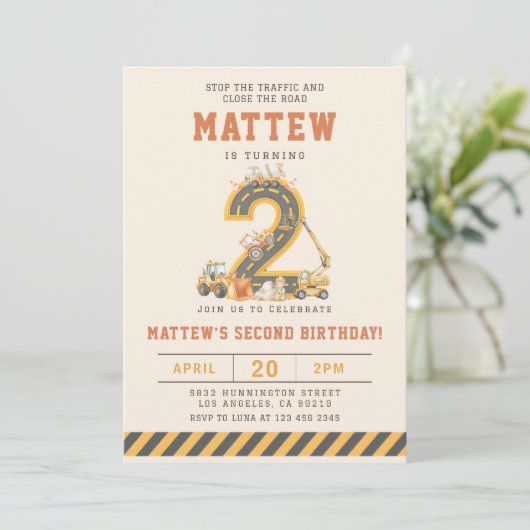 Construction Vehicles 2nd Birthday Invitation 招待状 (スタンド正面)
