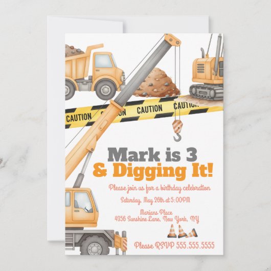 Construction Vehicles 3rd Birthday Dump Truck 招待状 (正面)