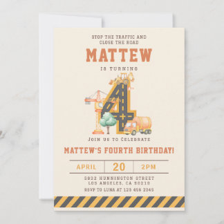 Construction Vehicles 4th Birthday Invitation 招待状