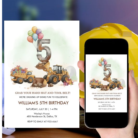 Construction Vehicles 5th Birthday Invitation  招待状