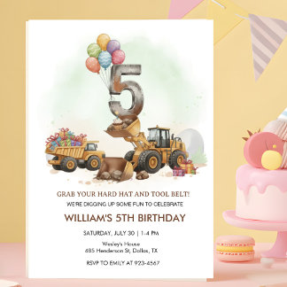 Construction Vehicles 5th Birthday Invitation  招待状