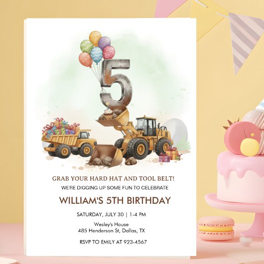 Construction Vehicles 5th Birthday Invitation  招待状