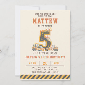 Construction Vehicles 5th Birthday Invitation 招待状