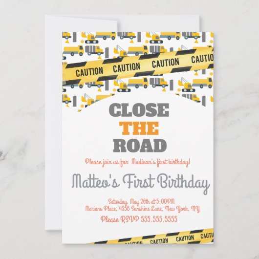 Construction Vehicles Birthday Dump Big One 招待状 (正面)