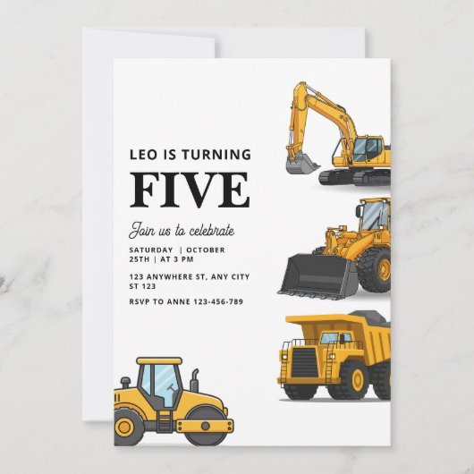 Construction Vehicles Birthday Dump Truck Party 招待状 (正面)