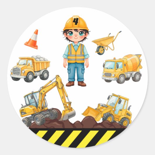 Construction Vehicles Birthday Party Sticker ラウンドシール (正面)