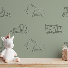 Construction Vehicles Builder Boy Truck Sage Green 壁紙