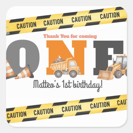 Construction Vehicles First Birthday Dump Truck スクエアシール (正面)