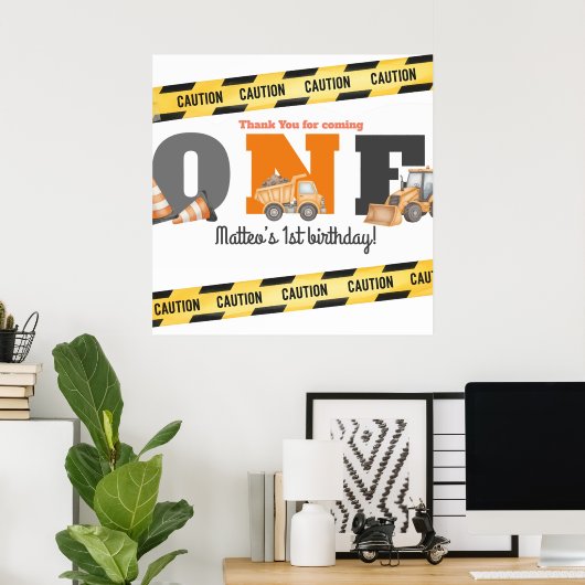 Construction Vehicles First Birthday Dump Truck ポスター (ホームオフィス)