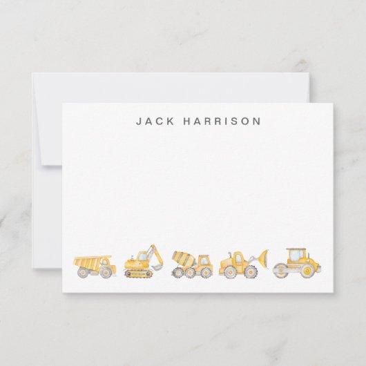 Construction Vehicles Watercolor Boys Monogrammed ノートカード (正面)