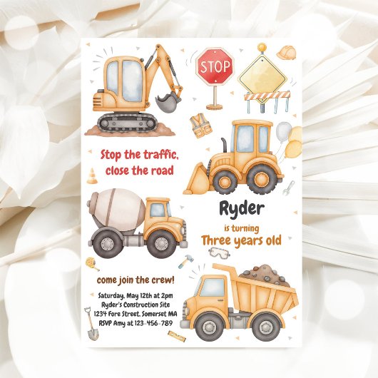 Constructions Dump Truck Excavator Boy Birthday 招待状