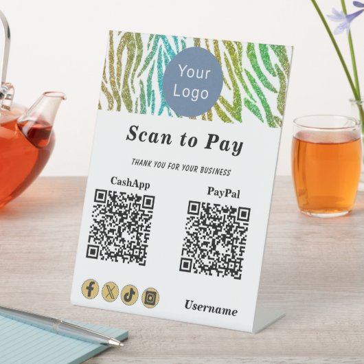 Contactless Scan to Pay, Gold Green Glitter Stripe 台座サイン (インサイチュ)