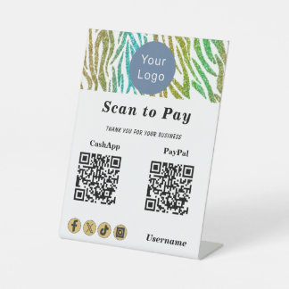 Contactless Scan to Pay, Gold Green Glitter Stripe 台座サイン