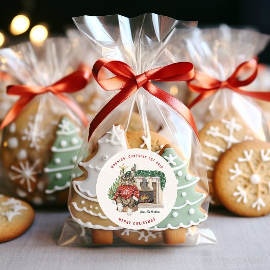 Contains Cat Hair Funny Christmas Personalized ラウンドシール