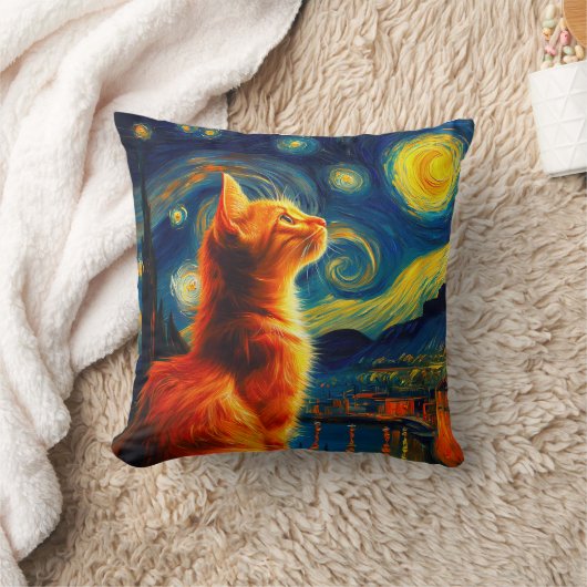 Contemplative Ginger Cat | Starry Night Sky クッション (ブランケット)