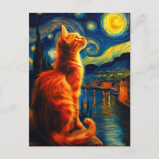 Contemplative Ginger Cat | Starry Night Sky シーズンポストカード (正面)