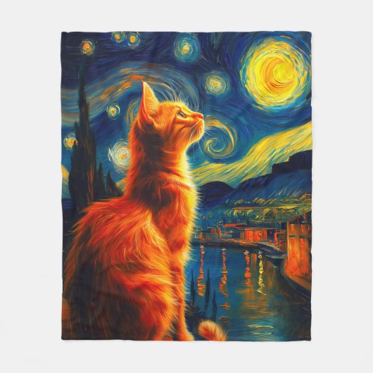 Contemplative Ginger Cat | Starry Night Sky フリースブランケット (正面)