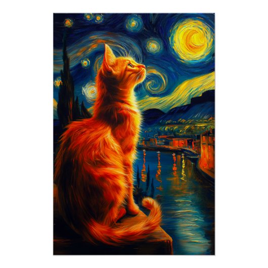 Contemplative Ginger Cat | Starry Night Sky ポスター (正面)